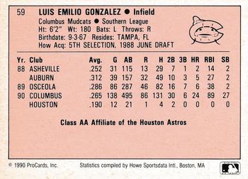 1990 ProCards A and AA #59 Luis Gonzalez Back