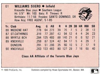 1990 ProCards A and AA #61 William Suero Back