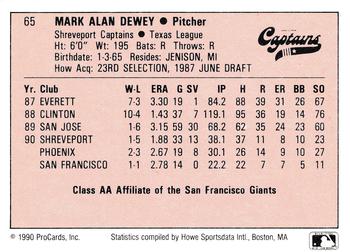 1990 ProCards A and AA #65 Mark Dewey Back
