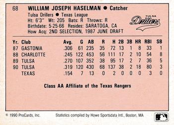 1990 ProCards A and AA #68 Bill Haselman Back