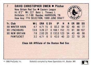 1990 ProCards A and AA #7 Dave Owen Back