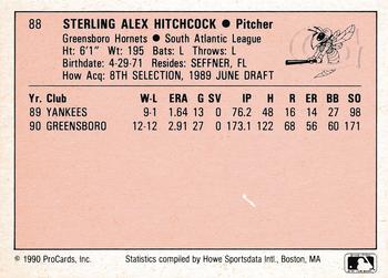 1990 ProCards A and AA #88 Sterling Hitchcock Back