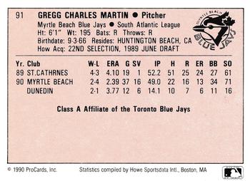 1990 ProCards A and AA #91 Gregg Martin Back