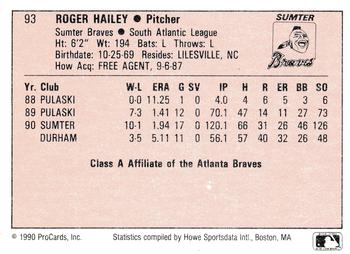 1990 ProCards A and AA #93 Roger Hailey Back