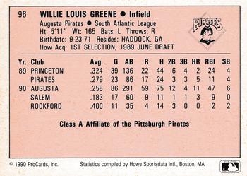 1990 ProCards A and AA #96 Willie Greene Back