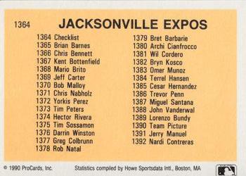 1990 ProCards #1364 Jacksonville Expos Checklist Back