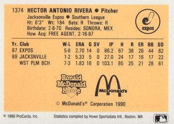 1990 ProCards #1374 Hector Rivera Back