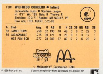 1990 ProCards #1381 Wil Cordero Back