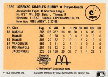 1990 ProCards #1389 Lorenzo Bundy Back