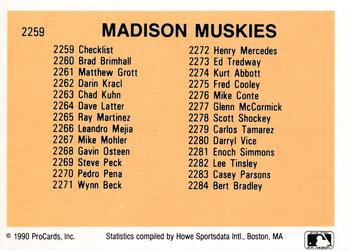 1990 ProCards #2259 Madison Muskies Checklist Back