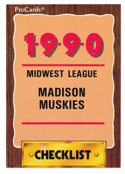 1990 ProCards #2259 Madison Muskies Checklist Front