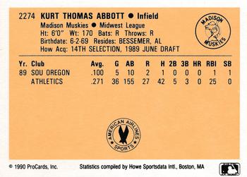 1990 ProCards #2274 Kurt Abbott Back