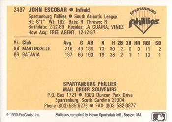 1990 ProCards #2497 John Escobar Back
