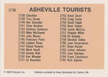 1990 ProCards #2738 Asheville Tourists Checklist Back