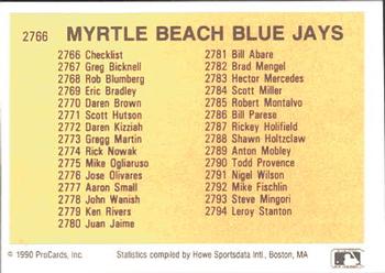 1990 ProCards #2766 Myrtle Beach Blue Jays Checklist Back