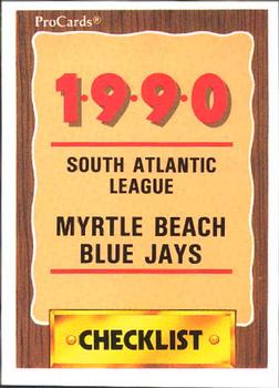 1990 ProCards #2766 Myrtle Beach Blue Jays Checklist Front