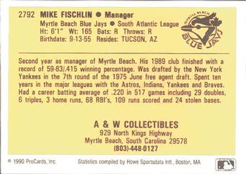 1990 ProCards #2792 Mike Fischlin Back