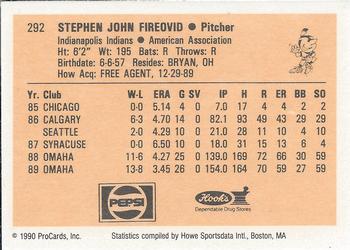 1990 ProCards #292 Steve Fireovid Back