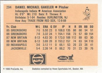 1990 ProCards #294 Dan Gakeler Back
