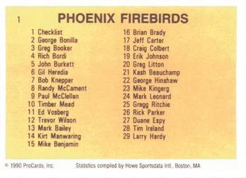 1990 ProCards #1 Phoenix Firebirds Checklist Back