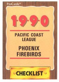 1990 ProCards #1 Phoenix Firebirds Checklist Front