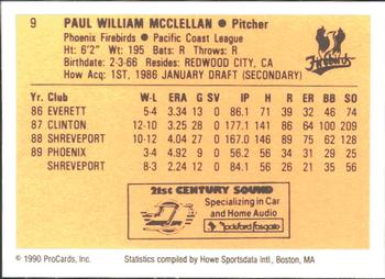 1990 ProCards #9 Paul McClellan Back