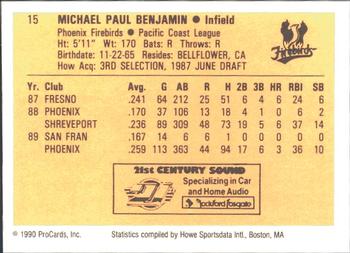 1990 ProCards #15 Mike Benjamin Back