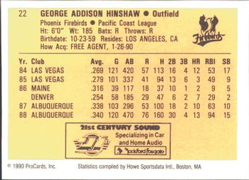 1990 ProCards #22 George Hinshaw Back