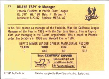 1990 ProCards #27 Duane Espy Back
