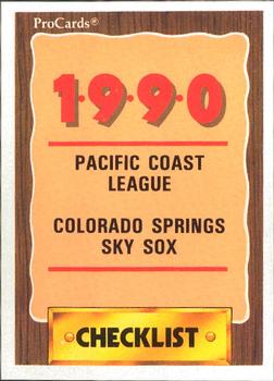1990 ProCards #30 Colorado Springs Sky Sox Checklist Front