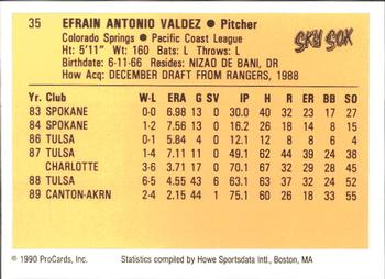 1990 ProCards #35 Efrain Valdez Back