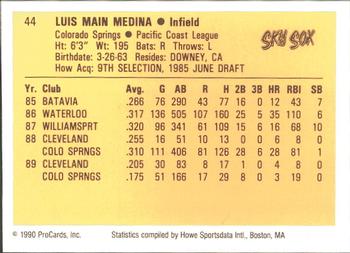1990 ProCards #44 Luis Medina Back