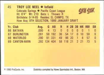 1990 ProCards #45 Troy Neel Back