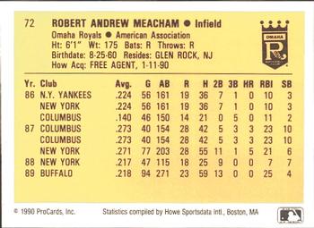 1990 ProCards #72 Bobby Meacham Back