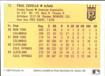 1990 ProCards #75 Paul Zuvella Back