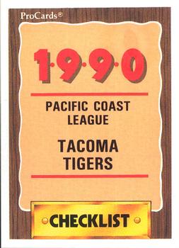 1990 ProCards #83 Tacoma Tigers Checklist Front