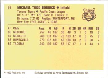 1990 ProCards #98 Mike Bordick Back