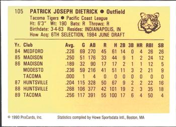 1990 ProCards #105 Pat Dietrick Back