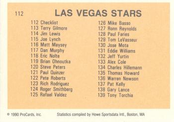 1990 ProCards #112 Las Vegas Stars Checklist Back
