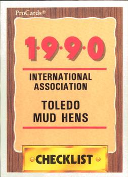 1990 ProCards #140 Toledo Mud Hens Checklist Front