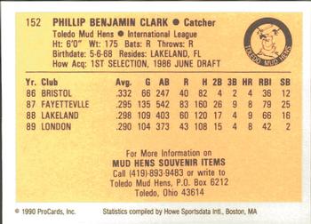 1990 ProCards #152 Phil Clark Back