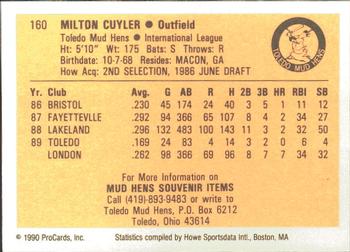 1990 ProCards #160 Milt Cuyler Back