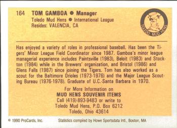 1990 ProCards #164 Tom Gamboa Back