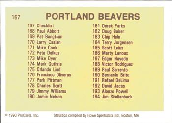 1990 ProCards #167 Portland Beavers Checklist Back