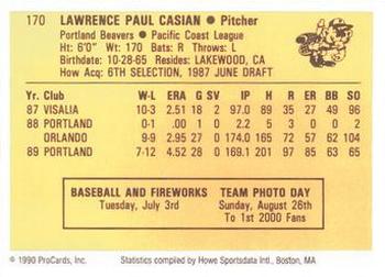 1990 ProCards #170 Larry Casian Back