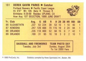 1990 ProCards #181 Derek Parks Back