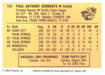 1990 ProCards #189 Paul Sorrento Back