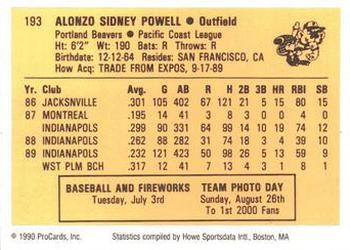 1990 ProCards #193 Alonzo Powell Back