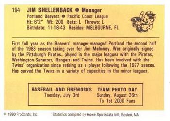 1990 ProCards #194 Jim Shellenback Back