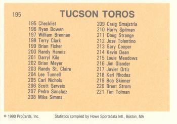 1990 ProCards #195 Tucson Toros Checklist Back